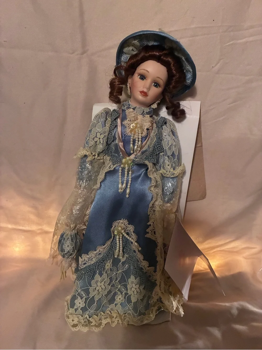 Blue Lace Satin Formal Dress with Pearl Trim Classic collection porcelain doll.